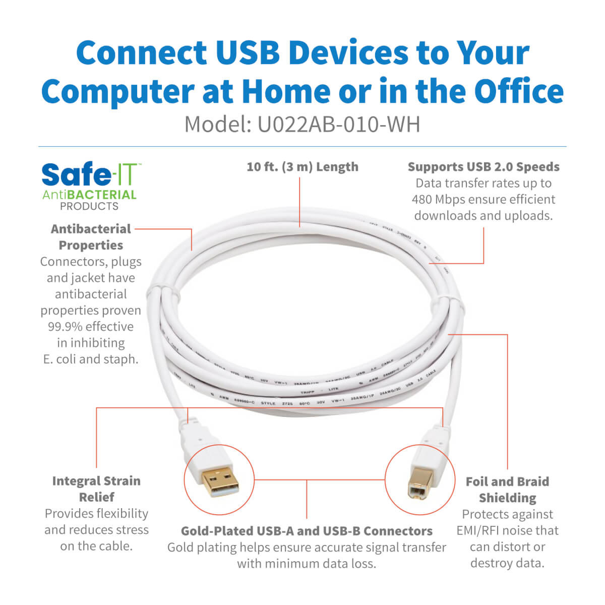 USB-A To USB-B Antibacterial Cbl 3.05m