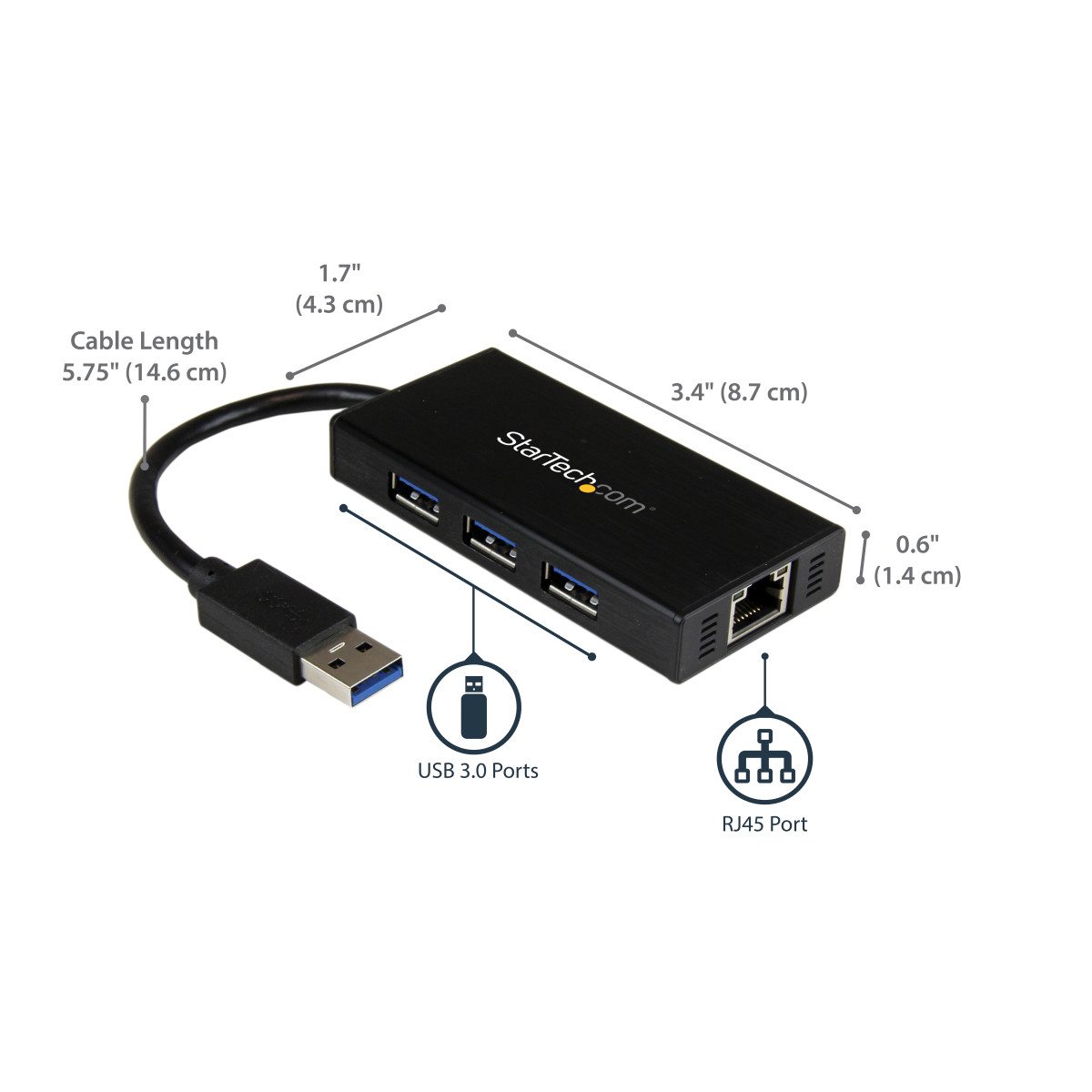 3 Port USB 3.0 Hub w/1GB Adapter NIC