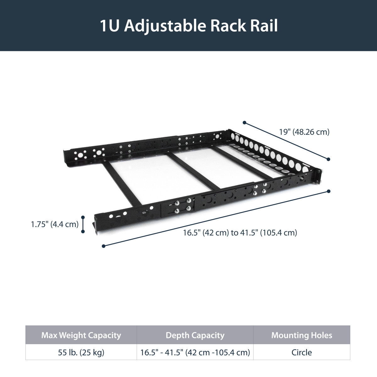 1U Fixed 19 Adj Depth Univ Rack Rails