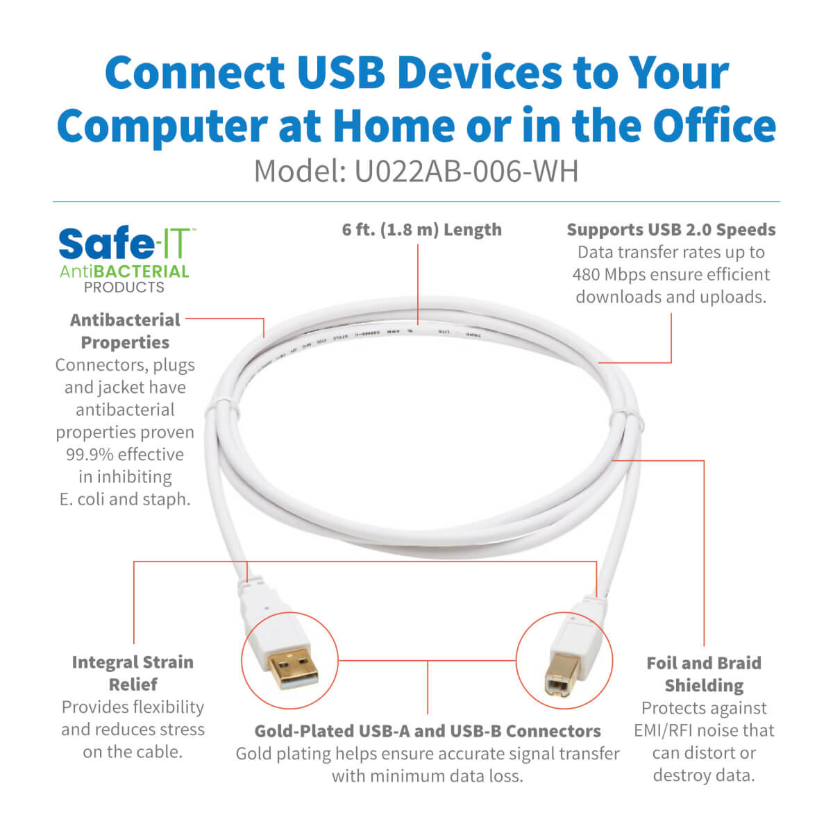 USB-A To USB-B Antibacterial Cbl 1.83m