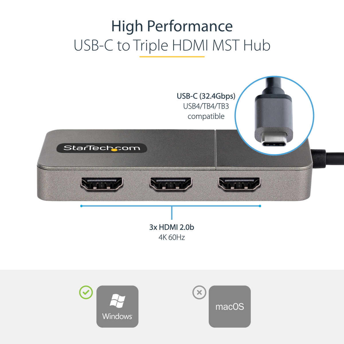 3-Port USB-C to HDMI MST Hub 4K 60Hz