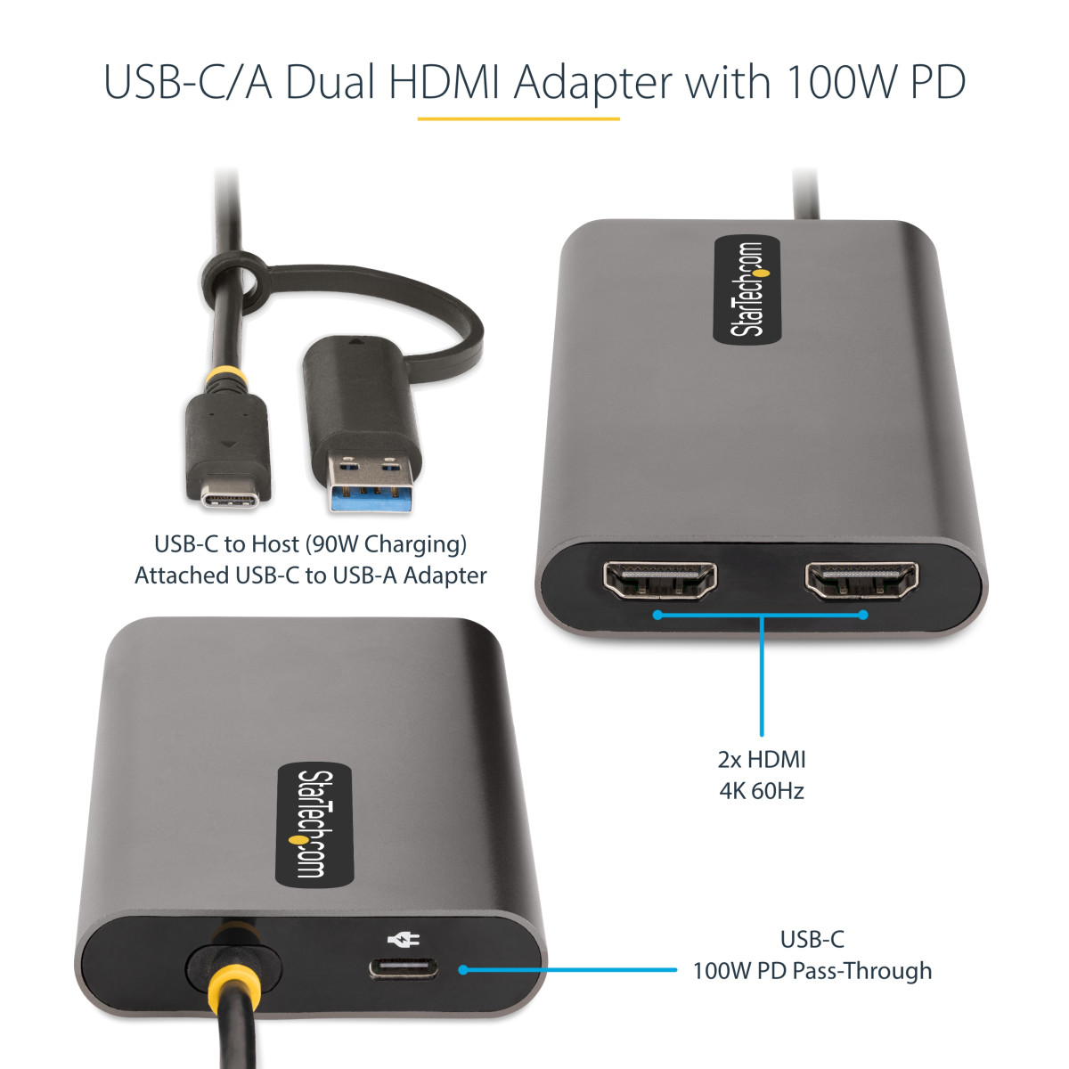 USB-C To Dual-HDMI Adapter 4K 60Hz PD