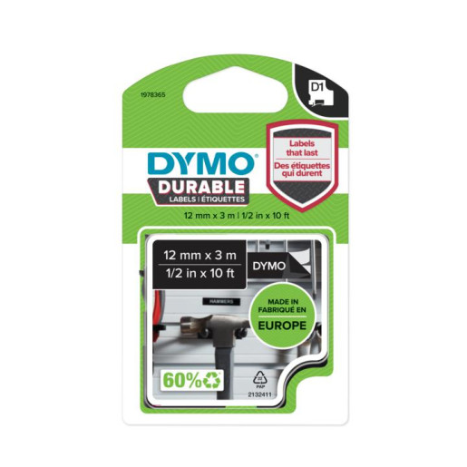 D1 Tape Durable 12mmx3M White on Black